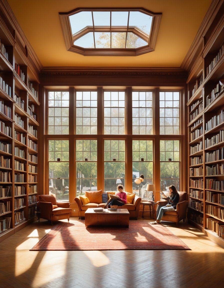 An inviting library interior filled with diverse groups of people engaged in reading, studying, and sharing ideas. The atmosphere is warm and welcoming, with large windows letting in natural light, bookshelves brimming with colorful books, and cozy reading nooks. Include a prominent community bulletin board showcasing events and programs, symbolizing empowerment through knowledge. A sense of connection and collaboration should permeate the scene. super-realistic. vibrant colors. warm lighting.