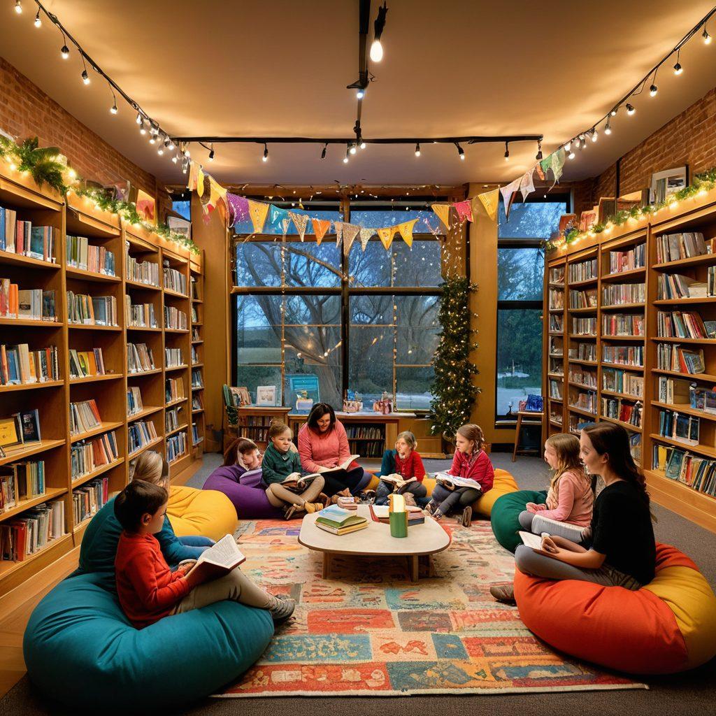 An inviting library setting with a cozy storytime corner featuring a whimsical book display, hanging fairy lights, and children engrossed in storytelling. In the background, an engaging author event is taking place with a lively crowd, books, and banners celebrating reading. Bright colors and warm lighting create a welcoming atmosphere, inspiring connection between readers and authors. super-realistic. vibrant colors. cozy atmosphere.