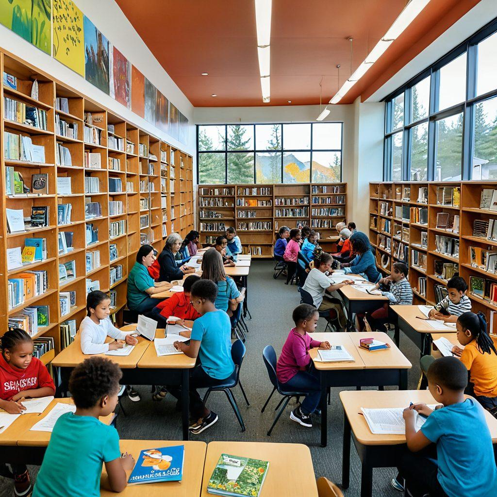 A diverse group of people of all ages engaging in a lively community program at Snoisle Library, surrounded by bookshelves filled with colorful books and educational materials. In the background, a poster showcasing the library's various programs and events, with bright natural light streaming through large windows. The scene captures a sense of connection, learning, and growth. vibrant colors. super-realistic.